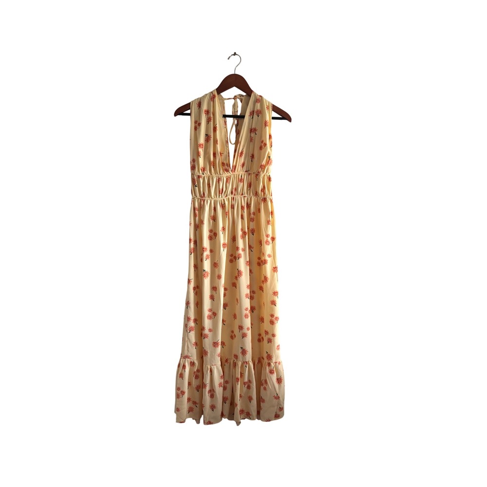 ASOS DESIGN Yellow Floral Halter Maxi Dress Deep V-Neck Tiered Ruffle Size 6 NEW